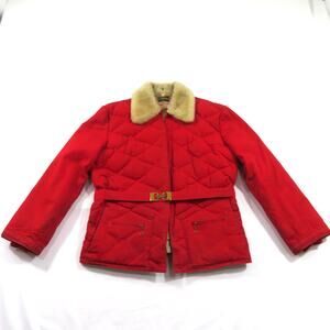 Comfy Quilted Puffer Jacket Sherpa Collar Red Belted Coat Zip Up Sz 18 1960s